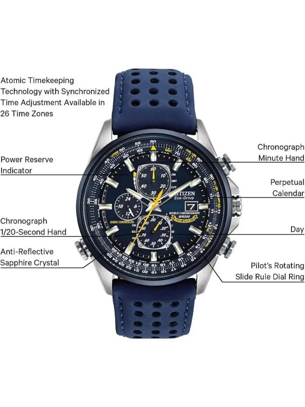 Men's Blue Leather Strap and Blue Dial Eco-Drive Sport Luxury Chronograph Watch